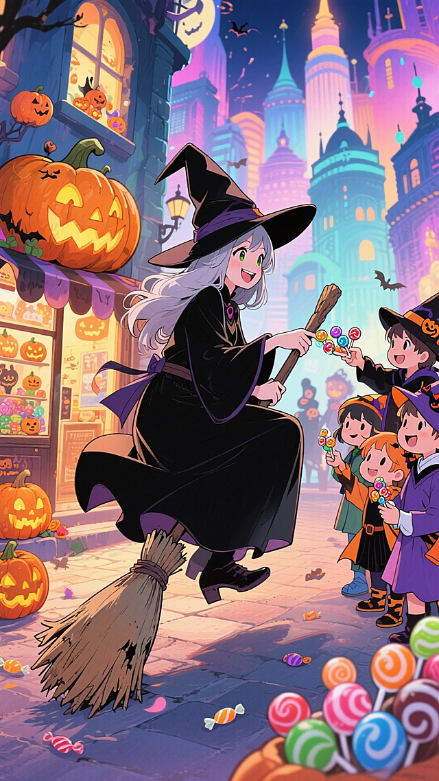 女巫骑着扫把给一群万圣节装扮的小朋友送糖果，南瓜造型的店铺，周围有南瓜灯、糖果等元素装饰，背景是充满奇幻感的都市建筑，万圣节氛围