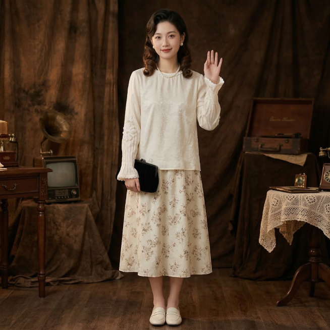 全身照，同一个长相甜美年轻东亚女生，年龄20-25岁，穿着图中米白色提花蕾丝长袖上衣，上衣不塞进下装，叠穿米白色碎花半身裙。留着复古波浪卷，侧分发型，发尾垂在肩前，佩戴珍珠耳饰和珍珠项链，拿着黑色丝绒预览效果