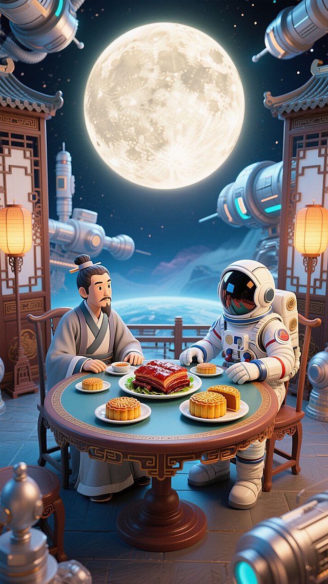 前景为古代文人和宇航员一起坐在圆桌前，有东坡肉和月饼，四周有古代元素、空间站，背景是超级大月亮，形成“古今跨时空对话”氛围，奇幻浪漫，兼具古风与未来感。