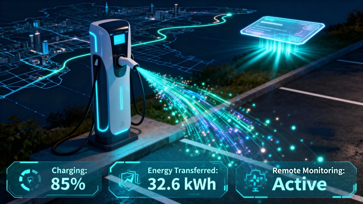 A wide-angle shot of a modern electric vehicle charging station at night, with a sleek charging pole预览效果