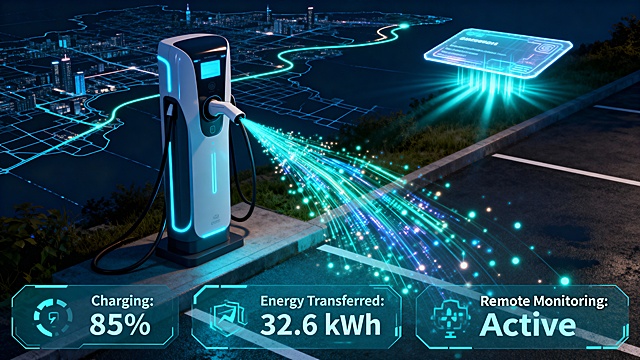 A wide-angle shot of a modern electric vehicle charging station at night, with a sleek charging pole glowing with soft blue light. From the charging port, vibrant streams of digital data and light particles flow out, traveling along an invisible path across a city map background. These data streams connect to a translucent, holographic IoT card floating in the upper right corner of the image. The card emits a pulse of light. In the foreground, a glowing UI overlay displays real-time information: "Charging: 85%", "Energy Transferred: 32.6 kWh", "Remote Monitoring: Active". The style is cyberpunk meets corporate futurism, with a dark blue and teal color palette, sharp focus, and cinematic lighting. --ar 16:9