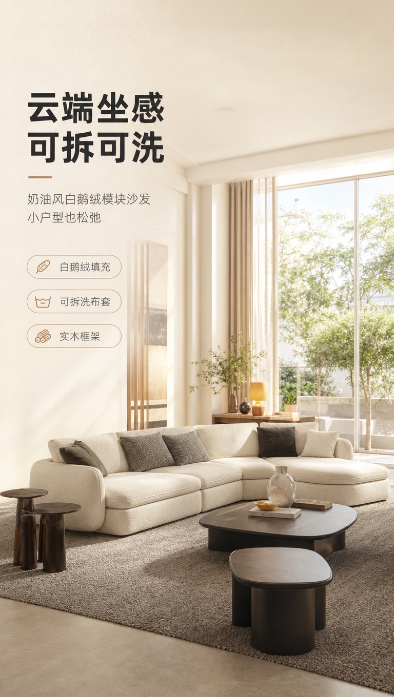 [商品] 使用【图1】米白色L型模块布艺沙发；商品处理：保留整… - 图片创意预览