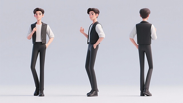 瘦高的电商虚拟主播，男性，20岁，时尚穿搭，纯色背景