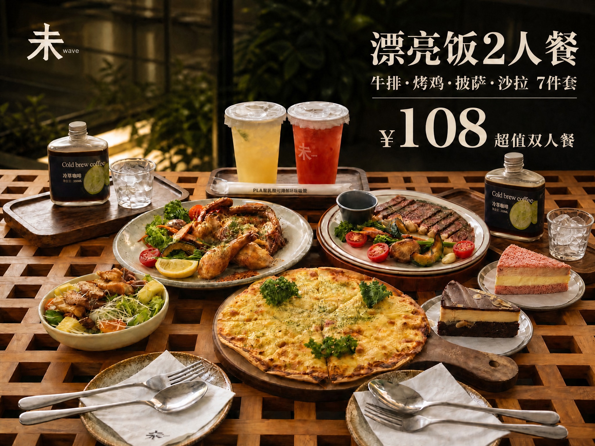 在这张4:3美食海报的右上角区域，冷萃咖啡瓶下方添加一个木质托… - 图片创意预览