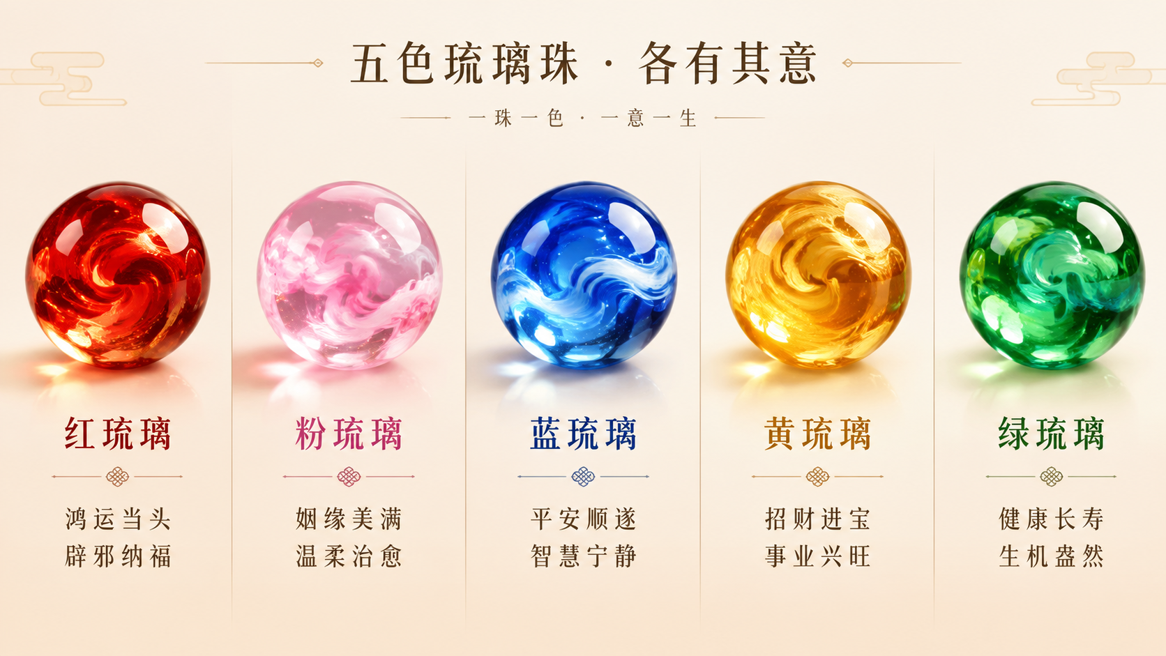 横版信息图设计，展示五色琉璃珠及其寓意，排版整齐干净，简约优雅… - 图片创意预览