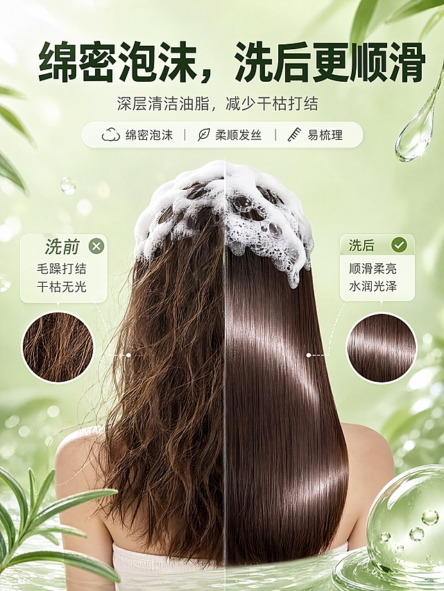 [画面] 目标：质地效果—绵密泡沫柔顺发丝。绵密泡沫覆盖头皮，旁边展示柔顺发丝从毛躁到顺滑的变化，泡沫与水润光感结合。左右对比：左侧毛躁、右侧顺滑。画面元素：绵密泡沫、顺滑发丝、水润液滴、前后对比、光泽感。
[视觉] 套系策略：风格=小红书草本清新商业摄影；标题字=现代无衬线粗体；正文字=简洁无衬线体；主色=浅草绿；背景延展=基于浅草绿做深浅层级、同色渐变和细腻水光/草本质感；强调色=白色，仅用于小面积泡沫高光、引线和标签；标题色=深墨绿；正文色=中暖灰；组件=圆角浅底信息卡、细线引线；光影=左前侧暖柔光。
[文字] 主标题：「绵密泡沫，洗后更顺滑」；短说明：「深层清洁油脂，减少干枯打结」；小标签：「绵密泡沫｜柔顺发丝｜易梳理」；文字位于画面上方，对比两侧各配说明。
[规格] 图片比例3:4，4K，避免变形、错字、文字过小。