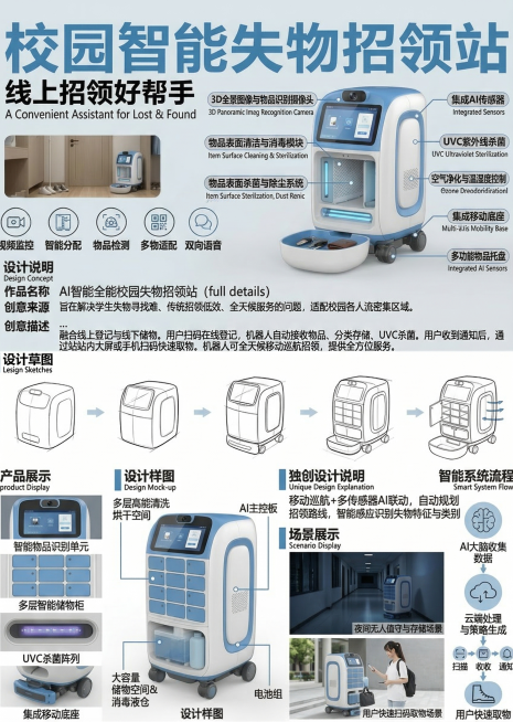 仿照参考图版式设计校园失物招领项目海报，整体风格简洁清晰图文排版。内容包含：大标题“校园智能失物招领站”，副标题“线上线下结合，便捷招领好帮手”，模块包括设计说明（作品名称、创意来源、创意描述）、设计预览效果
