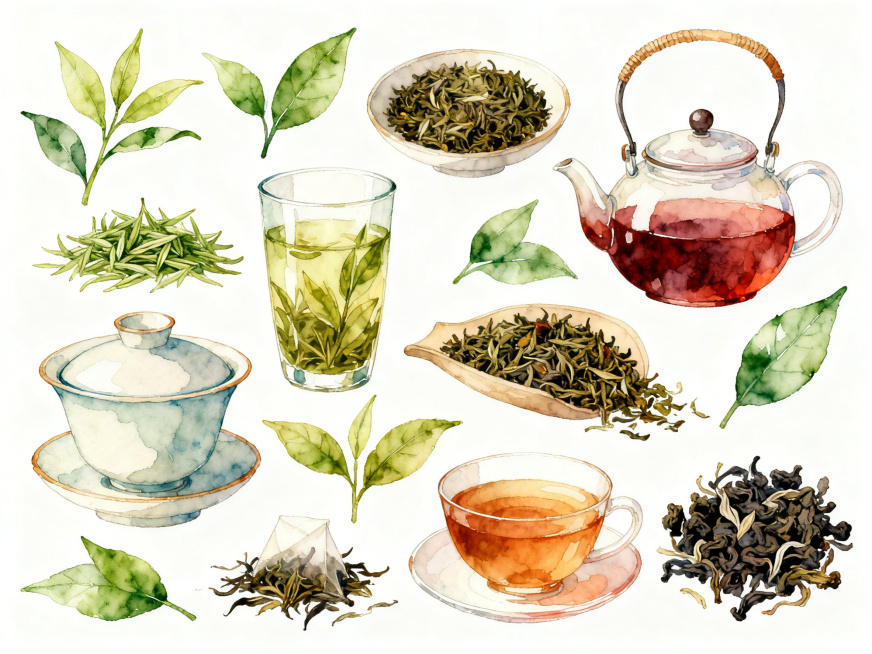 手绘风格的多种茶叶集合，包含绿茶、红茶、乌龙茶等不同种类茶叶，搭配清新自然的茶具和叶片装饰，整体采用温暖柔和的手绘线条和淡雅水彩上色，风格清新治愈，构图饱满舒适预览效果