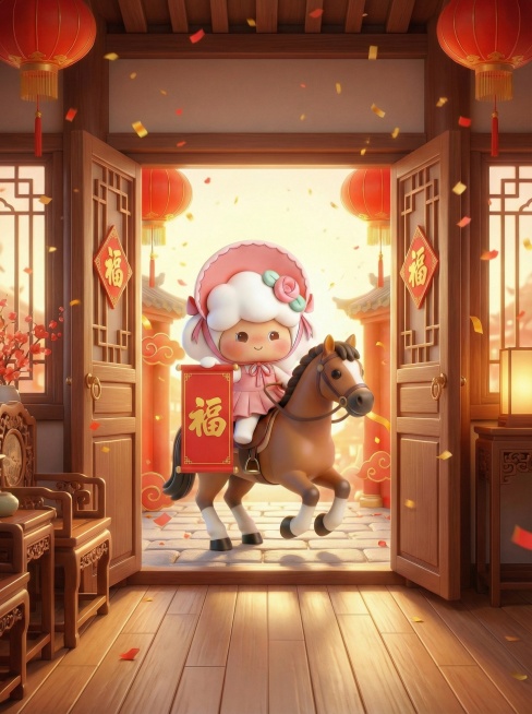 「图片1」背景换成小女孩站在你家门口，你透着打开的门看到她过来给你福字联预览效果