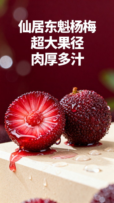 竖版电商特写海报，主体是两颗仙居东魁杨梅，一颗对半切开露出放射状鲜红果肉，汁水顺着切面边缘滴落，另一颗完整的杨梅靠在旁边，表面颗粒饱满，挂满晶莹水珠，果肉在光影下透出透亮的红色。两颗杨梅被放置在浅米色预览效果