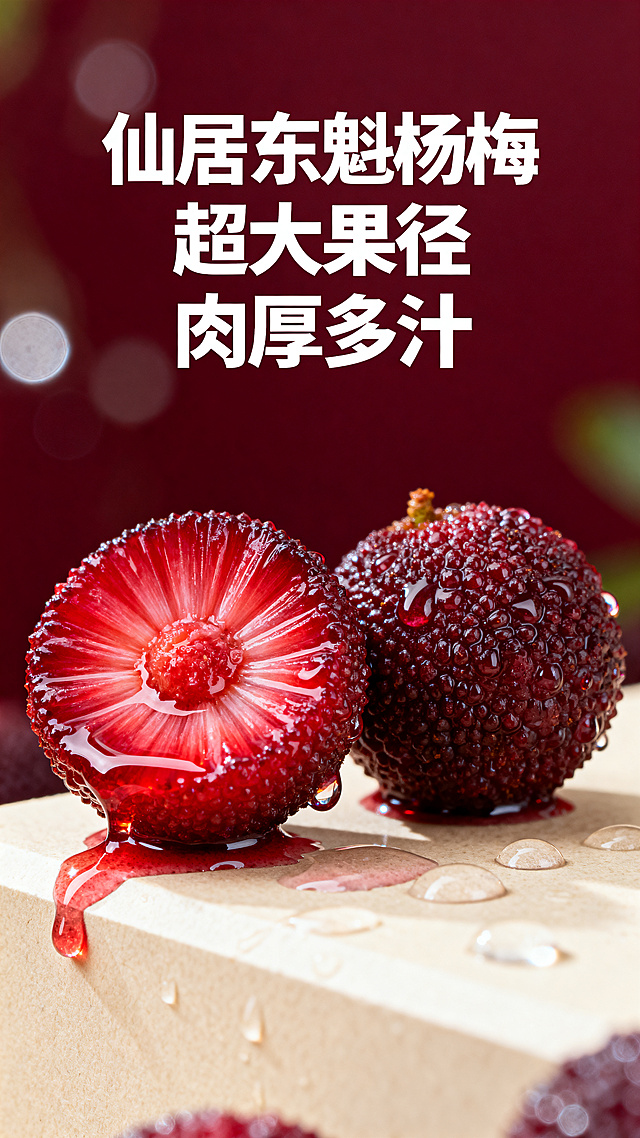 竖版电商特写海报，主体是两颗仙居东魁杨梅，一颗对半切开露出放射状鲜红果肉，汁水顺着切面边缘滴落，另一颗完整的杨梅靠在旁边，表面颗粒饱满，挂满晶莹水珠，果肉在光影下透出透亮的红色。两颗杨梅被放置在浅米色的台面上，台面上散落着杨梅汁液和反光水珠，背景是深酒红色的虚化暗调背景，带有朦胧的散景光斑。暖调侧光打亮杨梅的纹理和汁水反光，光影柔和通透，高饱和度、高对比度，8K高清画质，超写实商业食品微距摄影，特写镜头，突出杨梅的爆汁和大小优势。画面顶部有醒目的白色大字文案"仙居东魁杨梅 超大果径 肉厚多汁"，整体画面对比鲜明，食欲感强烈，商业海报质感拉满。