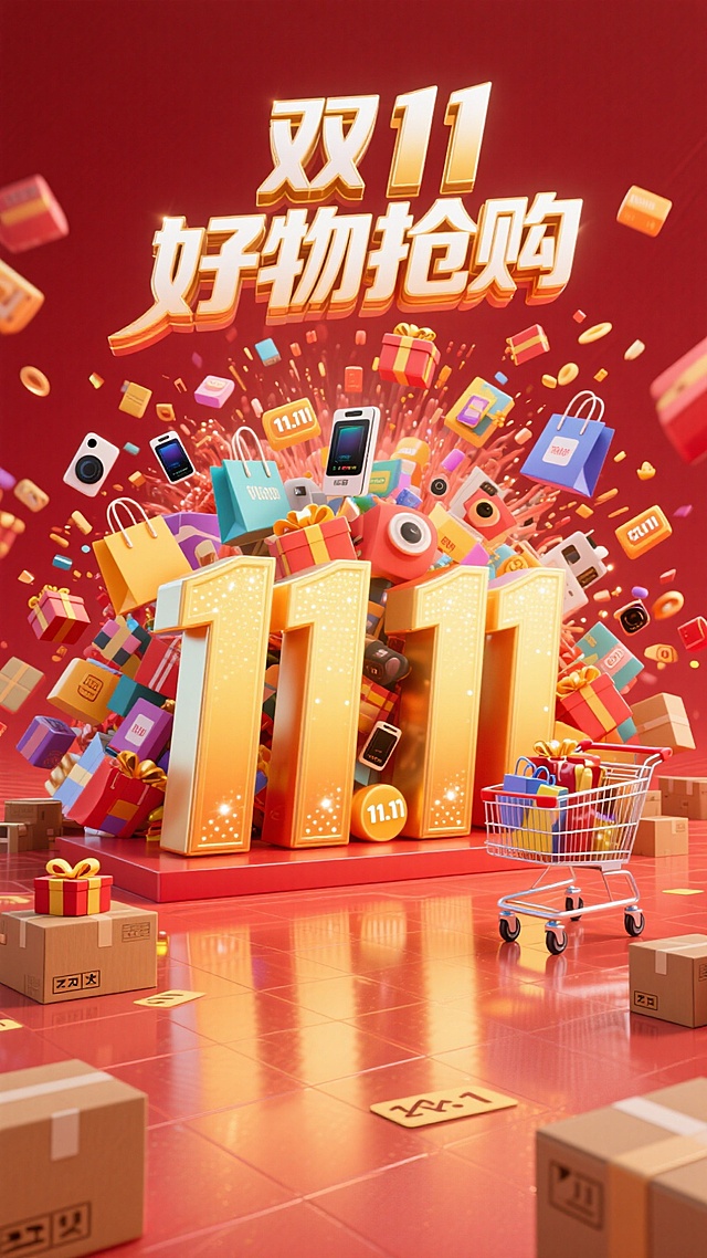 创作一幅卡通 3D 风格的 双11促销海报，整体以暖红色为主色调，色彩明亮，营造热闹欢快的购物氛围。画面上方有醒目的金白渐变的艺术粗体大字 “双11好物抢购”；中间区域，大量色彩缤纷的商品（包括各色购物袋、包装盒、电子产品、带有 “11.11” 标识的物品等）从后面如潮水般倾泻而下，充满动感与活力；中间最前方有立体的金黄渐变 “11.11” 数字带有闪亮的光点，挡着后面的包装礼盒向前倾泻，旁边摆放着一辆装满商品的购物车，地面还有带有快递标识的棕色纸箱，还有礼盒，地面带有光泽反射，增强画面的质感与空间感。中间主体缩小向后延伸一些