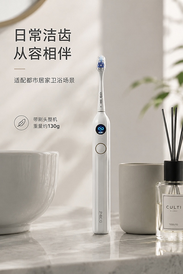 ### 第1屏：品牌主视觉KV屏
严格还原上传的产品图，包括机身哑光白色竖棱设计、圆形彩屏、金边圆形按键、刷头造型、品牌标识等所有细节，产品尺寸比例保持1:1，带刷头整机重量约130g；2:3竖版电商详情图，视觉采用简约轻奢-极简留白风+哑光质感风，字体采用简约高级-无衬线极简文字，搭配大小层级排版、疏密对比排版；主标题为「AI智能声波电动牙刷」，副标题为「科学洁齿 重塑口腔护理体验」，画面居中放置产品正面直立特写，背景为低饱和米灰色哑光极简背景，搭配柔和侧光突出机身哑光棱面质感，主标题置于画面顶部居中，副标题位于主标题下方，产品居于画面视觉中心，底部大面积留白，整体干净高级，无多余装饰元素，光线柔和通透，突出产品高端轻奢质感。

### 第2屏：用户痛点引入屏
严格还原上传的产品图，包括机身哑光白色竖棱设计、圆形彩屏、金边圆形按键、刷头造型、品牌标识等所有细节，产品尺寸比例保持1:1，带刷头整机重量约130g；2:3竖版电商详情图，视觉采用简约轻奢-极简留白风+哑光质感风，字体采用简约高级-无衬线极简文字，搭配大小层级排版、疏密对比排版；主标题为「传统刷牙的隐形困扰」，副标题为「错误清洁方式 反而损伤口腔」，画面左侧分三行左对齐排列痛点文字（刷牙盲区多、力度把控差、清洁效率低），搭配极简线性图标，右侧放置产品45°斜角展示，背景为同色系浅灰哑光背景，用细金色线条做痛点区隔，主标题居画面顶部左侧，产品居于右侧视觉重心，整体克制简约，自然引出产品解决方案。

### 第3屏：AI智能刷牙分析卖点屏
严格还原上传的产品图，包括机身哑光白色竖棱设计、圆形彩屏、金边圆形按键、刷头造型、品牌标识等所有细节，产品尺寸比例保持1:1，带刷头整机重量约130g；2:3竖版电商详情图，视觉采用简约轻奢-极简留白风+哑光质感风，字体采用简约高级-无衬线极简文字，搭配大小层级排版、疏密对比排版；主标题为「AI四维刷牙分析」，副标题为「精准识别 纠正不良刷牙习惯」，画面左侧为产品正面彩屏特写，屏幕清晰显示AI检测界面，右侧分点标注四维检测维度（刷牙力度、覆盖面积、刷牙时长、横刷速度），搭配极简线性图标，背景为浅哑光白背景，主标题居画面顶部，左右分栏布局，卖点文字右对齐排版，用细金色线条点缀，强化科技轻奢感，可视化呈现AI检测核心功能。

### 第4屏：骨传导实时语音反馈卖点屏
严格还原上传的产品图，包括机身哑光白色竖棱设计、圆形彩屏、金边圆形按键、刷头造型、品牌标识等所有细节，产品尺寸比例保持1:1，带刷头整机重量约130g；2:3竖版电商详情图，视觉采用简约轻奢-极简留白风+哑光质感风，字体采用简约高级-无衬线极简文字，搭配大小层级排版、疏密对比排版；主标题为「骨传导实时语音提醒」，副标题为「边刷边纠正 养成科学刷牙习惯」，画面主体为产品侧立角度展示，周围用极简淡蓝色声波线条可视化呈现语音反馈效果，主标题居画面上方居中，下方分两行标注核心优势（漏刷提醒、过压预警、横刷纠正），居中对称排版，背景为低饱和冷灰哑光背景，光线柔和均匀，突出骨传导科技属性，整体简洁有呼吸感。

### 第5屏：90天超长续航卖点屏
严格还原上传的产品图，包括机身哑光白色竖棱设计、圆形彩屏、金边圆形按键、刷头造型、品牌标识等所有细节，产品尺寸比例保持1:1，带刷头整机重量约130g；2:3竖版电商详情图，视觉采用简约轻奢-极简留白风+哑光质感风，字体采用简约高级-无衬线极简文字，搭配大小层级排版、疏密对比排版；主标题为「90天超长续航」，副标题为「一次充电 安心使用整季度」，画面左侧放置产品直立展示，右侧放大呈现「90天」核心数字，下方小字标注「Type-C快充 4-5小时充满」，主标题居画面顶部，上下层级排版，背景为浅米色哑光背景，数字搭配细金色描边强化视觉冲击，突出续航核心优势，整体简约大气。

### 第6屏：IPX8级全身防水卖点屏
严格还原上传的产品图，包括机身哑光白色竖棱设计、圆形彩屏、金边圆形按键、刷头造型、品牌标识等所有细节，产品尺寸比例保持1:1，带刷头整机重量约130g；2:3竖版电商详情图，视觉采用简约轻奢-极简留白风+哑光质感风，字体采用简约高级-无衬线极简文字，搭配大小层级排版、疏密对比排版；主标题为「IPX8级全身防水」，副标题为「整机可水洗 卫浴使用更安心」，画面主体为产品置于流动的透明清水中的特写，水花柔和不杂乱，直观突出防水属性，主标题居画面顶部居中，副标题位于主标题下方，产品居于画面中心偏下位置，居中排版，背景为通透浅蓝哑光渐变背景，光线干净清透，可视化呈现防水性能，质感高级统一。

### 第7屏：多模式定制清洁卖点屏
严格还原上传的产品图，包括机身哑光白色竖棱设计、圆形彩屏、金边圆形按键、刷头造型、品牌标识等所有细节，产品尺寸比例保持1:1，带刷头整机重量约130g；2:3竖版电商详情图，视觉采用简约轻奢-极简留白风+哑光质感风，字体采用简约高级-无衬线极简文字，搭配大小层级排版、疏密对比排版；主标题为「4种定制清洁模式」，副标题为「适配不同口腔清洁需求」，画面上半部分横向排列4个极简模式图标（智能/清洁/亮白/呵护），下方对应模式名称，产品斜置于画面下半部分视觉中心，主标题居画面顶部，居中对称排版，背景为浅灰哑光背景，用细线条区隔不同模式，搭配淡金色点缀，清晰呈现多模式功能，整体规整高级。

### 第8屏：产品细节工艺屏
严格还原上传的产品图，包括机身哑光白色竖棱设计、圆形彩屏、金边圆形按键、刷头造型、品牌标识等所有细节，产品尺寸比例保持1:1，带刷头整机重量约130g；2:3竖版电商详情图，视觉采用简约轻奢-极简留白风+哑光质感风，字体采用简约高级-无衬线极简文字，搭配大小层级排版、疏密对比排版；主标题为「细节打磨 质感拉满」，副标题为「匠心工艺 兼顾颜值与手感」，画面分三个细节区块横向排布：顶部圆形彩屏特写、中部金边按键特写、底部杜邦软毛刷头特写，多角度展示产品细节，主标题居画面顶部，三细节均匀排布，下方配对应小字说明，背景为哑光米白色，侧光突出机身哑光棱面纹理与部件质感，强化轻奢高级感。

### 第9屏：居家使用场景屏
严格还原上传的产品图，包括机身哑光白色竖棱设计、圆形彩屏、金边圆形按键、刷头造型、品牌标识等所有细节，产品尺寸比例保持1:1，带刷头整机重量约130g；2:3竖版电商详情图，视觉采用简约轻奢-极简留白风+哑光质感风，字体采用简约高级-无衬线极简文字，搭配大小层级排版、疏密对比排版；主标题为「日常洁齿 从容相伴」，副标题为「适配都市居家卫浴场景」，画面为现代极简风卫浴场景，产品置于浅灰色大理石洗漱台面上，搭配极简漱口杯、香薰等软装，柔和自然光从侧面打入，背景虚化突出产品，主标题居画面左上角，副标题在主标题下方，左对齐排版，营造自然高级的居家使用氛围。「图片1」