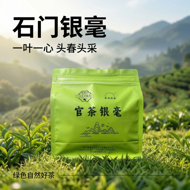 生成一张石门银毫单袋包装商品主图，尺寸800*800 1:1比例。绿色单袋石门银毫包装放置画面中心，保留包装原有文字设计不变，背景更换为虚化山林茶园自然风光，前景保留草地质感。左上角主标题“石门银毫”预览效果