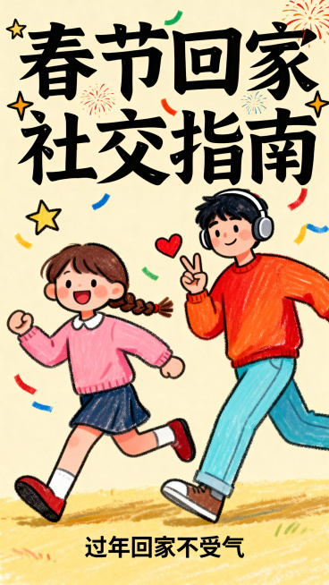 竖版手绘治愈系节日海报，扁平手绘蜡笔风格，上下分屏构图。画面上半部分是醒目的粗体毛笔字标题“春节回家社交指南”，点缀星星、烟花、彩条装饰元素；画面下半部分是米黄色纯色地面，地面上有两个手绘卡通人物，扎预览效果