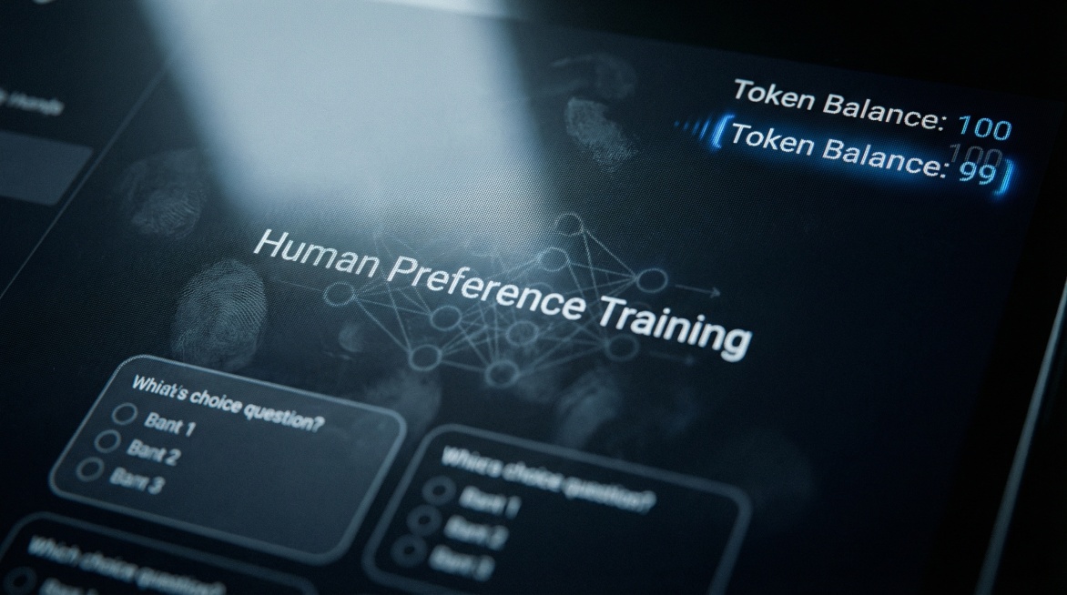 Extreme close-up of a futuristic computer screen UI, displaying a behavioral training interface titl预览效果