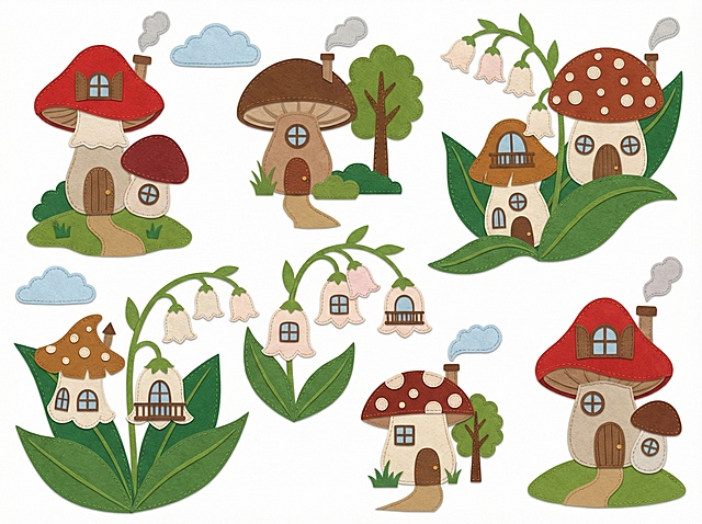 平面矢量风格，多层不织布质感，画面主体是多朵蘑菇造型的房子和铃兰花造型的房子，白色背景