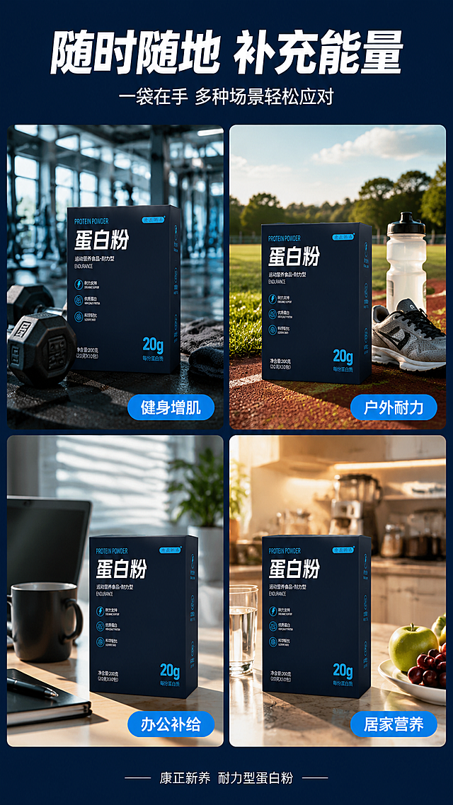 [第5张] 详情页使用场景-多场景拼图展示。本张使用【图1】作为各场景中的产品元素。
[氛围/风格] 四宫格场景拼图，真实运动生活场景，活力动感，商业摄影质感。
[元素布局] 画面分为2×2四格场景拼图：①左上-健身房场景：蛋白粉放在健身器械旁，哑铃、运动毛巾点缀；②右上-户外运动场景：蛋白粉放在户外跑道边草地，跑鞋、运动水壶点缀；③左下-办公室场景：蛋白粉放在办公桌一角，笔记本、水杯点缀；④右下-居家场景：蛋白粉放在厨房台面，水杯、水果点缀；每格中产品包装盒清晰可见，外观与输入图一致。
[光影质感] 每格场景自然光感，健身房偏冷硬光，户外暖自然光，办公室柔和顶光，居家温馨暖光，整体明亮通透。
[配色色系] 全局深蓝边框分隔四格；每格场景保留真实环境色；统一蓝色标题条和白色文字。
[视角构图] 2×2四宫格拼图，顶部通栏标题，阅读动线从左到右、从上到下。
[文字版式] 顶部通栏主标题「随时随地 补充能量」，副标题「一袋在手 多种场景轻松应对」；每格右下角有场景标签：「健身增肌」「户外耐力」「办公补给」「居家营养」，蓝底白字胶囊样式；底部小字「康正新养 耐力型蛋白粉」。
[比例分辨率] 9:16 竖版比例，4K 分辨率，文字清晰可辨，高清画质。
[负向提示词] 产品变形，颜色偏差，水印，人物模糊，场景杂乱。