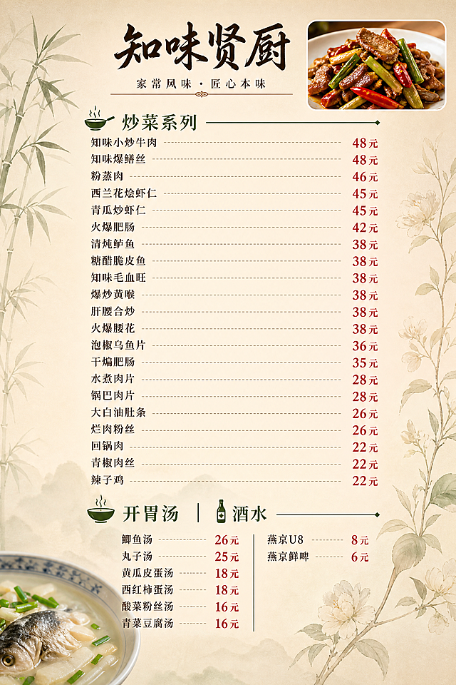 设计一张A4竖版中式餐厅菜单反面，与正面风格完全统一。浅奶油色暖渐变底色，左侧有淡竹叶装饰，右侧有淡植物花纹。顶部居中是'知味贤厨'书法字体标题，下方小字'家常风味·匠心本味'，细横线分隔。右上角有1张圆角矩形的精美炒菜高清小图（中式家常菜美食摄影，摆盘精致色泽鲜亮），左下角有1张汤品的高清小图一角作为装饰。菜单分为两大板块：上半部分'炒菜系列'，下半部分'开胃汤｜酒水'。分类标题用深绿色字体，左侧配小图标，右侧细分割线。菜品按价格从高到低排列，菜名左对齐深棕色，价格右对齐暖红色加粗，中间细虚线连接。炒菜系列菜品（从高到低）：知味小炒牛肉 48元、知味爆鳝丝 48元、粉蒸肉 46元、西兰花烩虾仁 45元、青瓜炒虾仁 45元、火爆肥肠 42元、清炖鲈鱼 38元、糖醋脆皮鱼 38元、知味毛血旺 38元、爆炒黄喉 38元、肝腰合炒 38元、火爆腰花 38元、泡椒乌鱼片 36元、干煸肥肠 35元、水煮肉片 28元、锅巴肉片 28元、大白油肚条 26元、烂肉粉丝 26元、回锅肉 22元、青椒肉丝 22元、辣子鸡 22元。开胃汤系列：鲫鱼汤 26元、丸子汤 25元、黄瓜皮蛋汤 18元、西红柿蛋汤 18元、酸菜粉丝汤 16元、青菜豆腐汤 16元。酒水系列：燕京U8 8元、燕京鲜啤 6元。整体风格清新雅致、高档有食欲，新中式私房菜风格。画面中所有数字必须精确渲染，所有菜品名称和价格必须完整呈现。