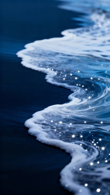 深蓝色渐变背景，充满流动感的白色浪花状纹理自然飘逸，浪花边缘细腻柔和，带有闪烁的白色光点，光影对比鲜明，暗部深邃，亮部通透，整体呈现出神秘而宁静的梦幻视觉效果。预览效果