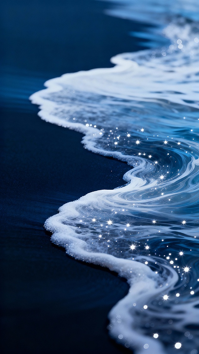 深蓝色渐变背景，充满流动感的白色浪花状纹理自然飘逸，浪花边缘细腻柔和，带有闪烁的白色光点，光影对比鲜明，暗部深邃，亮部通透，整体呈现出神秘而宁静的梦幻视觉效果。