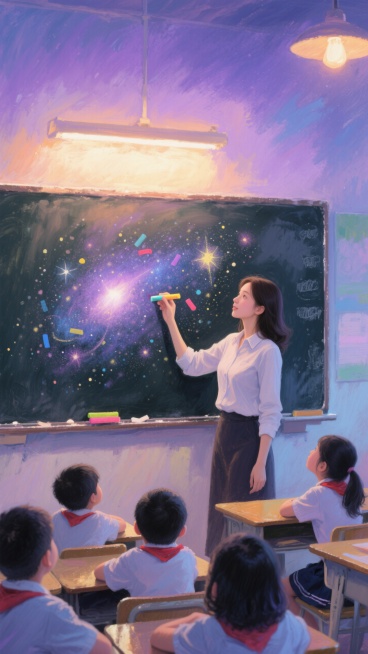 淡紫色星空渐变背景，夜晚教室亮着暖灯，年轻女老师站在黑板前，用彩色粉笔绘制星空图案，几个学生趴在课桌上仰头观看，眼神充满好奇，梦幻浪漫氛围。预览效果