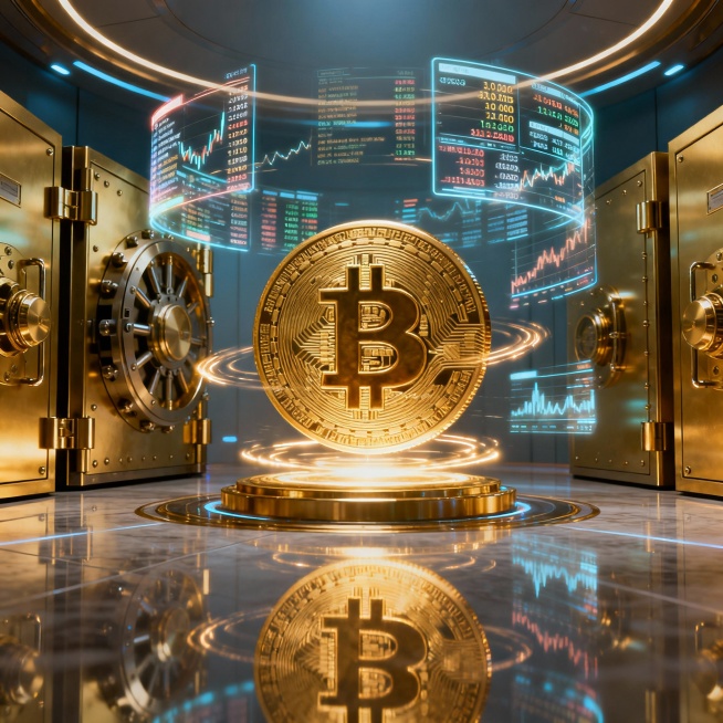 A 6:19 aspect ratio video showcasing a majestic Bitcoin coin at the center of a futuristic vault, su预览效果