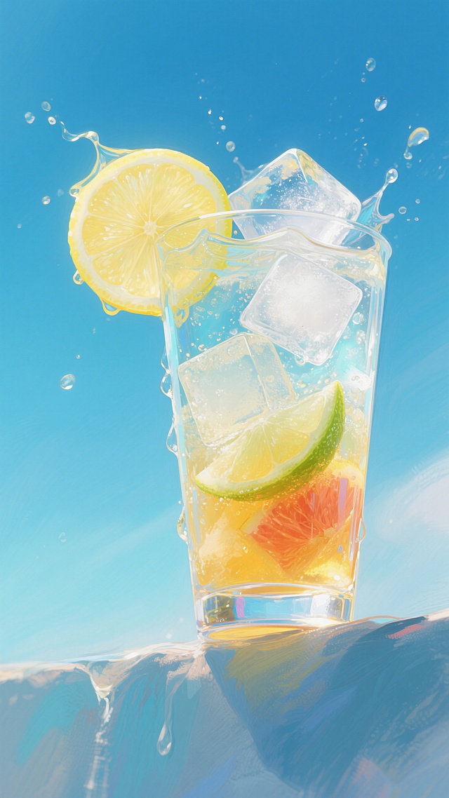 插画风柠檬冰饮，液态飞溅，清新爽口，夏日清凉感十足。