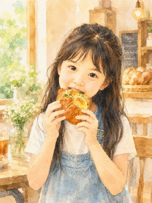 将原图转换为复古水彩插画风格，手绘质感，柔和晕染色彩，治愈温馨，女孩吃可颂面包预览效果