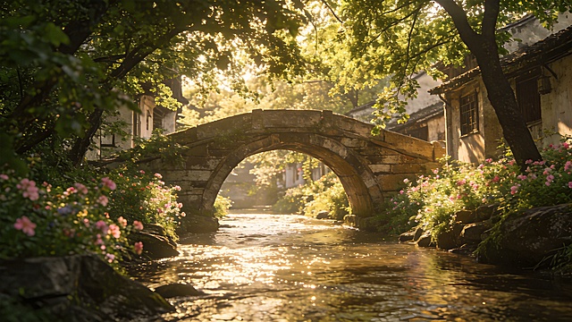 南方小镇，春日正午，和煦温馨的阳光洒下，一座古旧石拱桥横跨溪水，溪水缓缓流淌，两岸绿树枝叶茂密尽量遮挡住天空，岸边点缀着各色粉嫩小花，整体氛围宁静温柔，充满江南春日小镇的惬意感