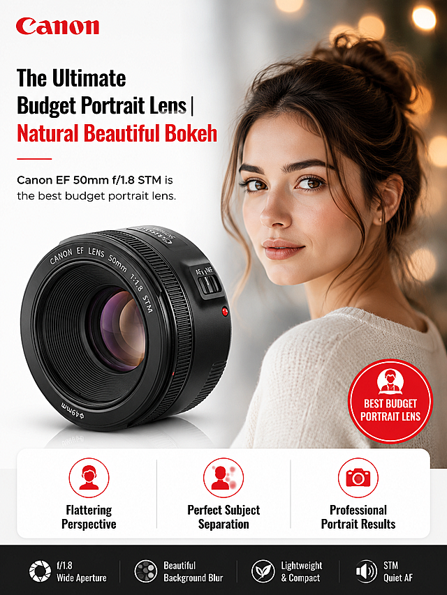 根据佳能EF50 f/1.8 STM产品图「图片1」「图片1」「图片1」「图片1」「图片1」「图片1」「图片1」生成6张带场景突出产品卖点的速卖通主图，设计一套完整的8屏详情页，需要每屏详情页都突出产品的卖点，输出的图片每一屏都必须是竖版的 3:4 尺寸，简约符合佳能的品牌调性，高转换率，英文文案，文字清晰，如有图标则图标完整清晰