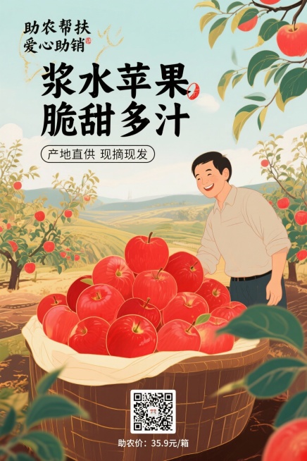 浆水苹果助农海报，竖版，整体风格乡土质朴，背景用河北浆水果园实景图，画面主体是红彤彤的浆水苹果堆，旁边加一位果农微笑的半身像，左上角用毛笔字写“助农帮扶 爱心助销”，中间大字体突出“浆水苹果 脆甜多汁预览效果