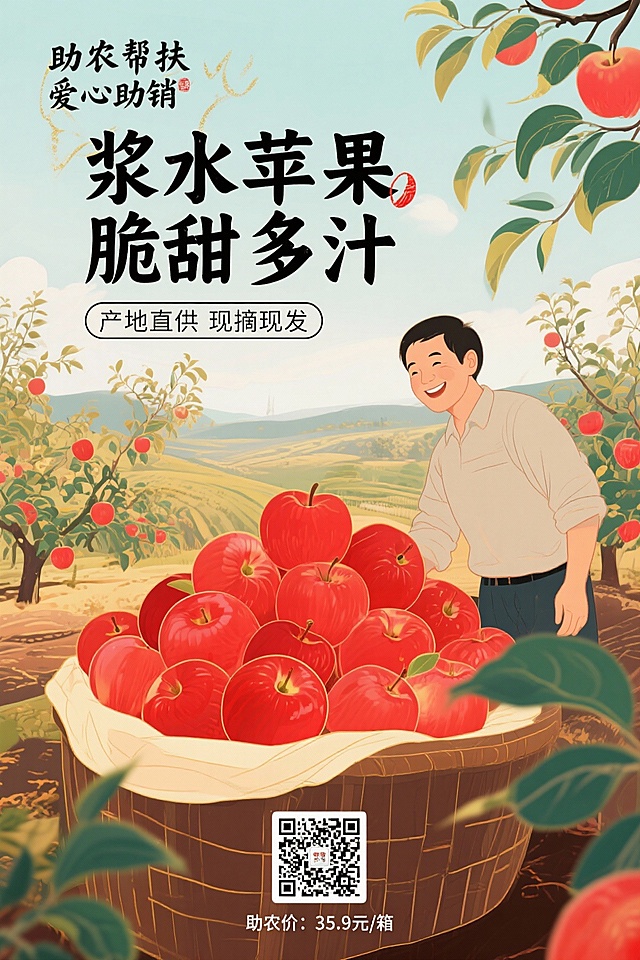 浆水苹果助农海报，竖版，整体风格乡土质朴，背景用河北浆水果园实景图，画面主体是红彤彤的浆水苹果堆，旁边加一位果农微笑的半身像，左上角用毛笔字写“助农帮扶 爱心助销”，中间大字体突出“浆水苹果 脆甜多汁”，下方标注“产地直供 现摘现发”，底部加购买二维码占位框和“助农价：35.9元/箱”，配色以红、黄、棕为主，点缀绿色枝叶元素。生成5张