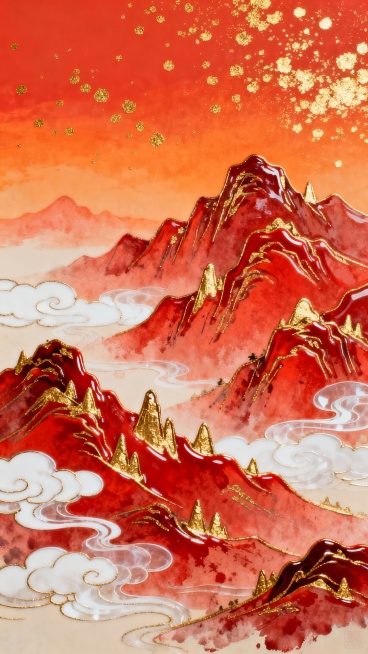 中国传统水墨风格掐丝珐琅背景画，以红色和金色为主色调，描绘连绵起伏的山峦和飘逸的云朵。山峦采用掐丝珐琅工艺，红色珐琅釉料填充山体，金色掐丝勾勒轮廓并点缀山峰，云层以白色珐琅表现，轻盈通透。背景为渐变的橙红色天空，点缀金色斑点。整体画面构图层次分明，色彩浓郁和谐，具有鲜明的中国传统文化特色，适合作为干净简洁的背景素材。预览效果