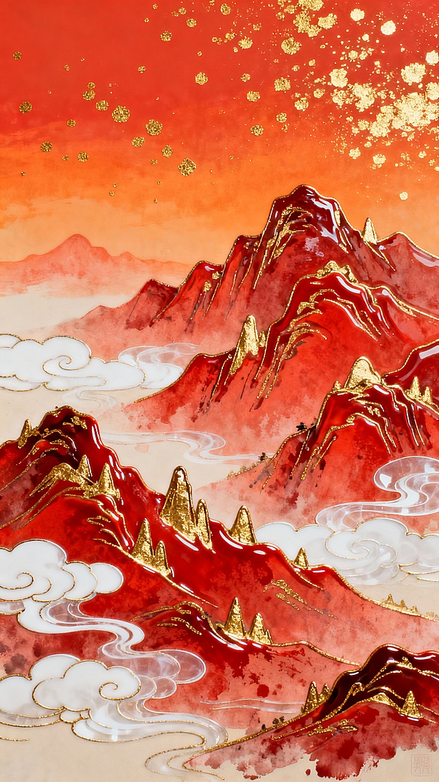 中国传统水墨风格掐丝珐琅背景画，以红色和金色为主色调，描绘连绵起伏的山峦和飘逸的云朵。山峦采用掐丝珐琅工艺，红色珐琅釉料填充山体，金色掐丝勾勒轮廓并点缀山峰，云层以白色珐琅表现，轻盈通透。背景为渐变的橙红色天空，点缀金色斑点。整体画面构图层次分明，色彩浓郁和谐，具有鲜明的中国传统文化特色，适合作为干净简洁的背景素材。