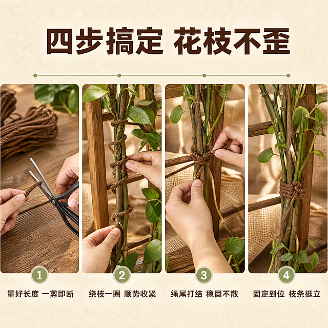 [商品] 使用【图5】单束棕绳作为主要商品参考，【图1】整捆形态作为备用绳材参考，保留多股绞织结构、棕褐色本色、绳头收束与纤维纹理；不得改变绳体结构与颜色，不添加包装与品牌标识。
[画面] 页面目标：功能演示-四步操作。构图为横向等分的四条步骤带，自左至右依次为：①手持剪刀量取绳段并裁剪；②棕绳一圈圈缠绕在木质花架的爬藤枝条上；③绳尾回穿并打出一个收紧的结；④完成捆扎后花枝被牢牢固定在花架上、绳结整齐；真实木质工作台与浅绿叶片入镜，手部动作自然可执行，产品在每格中清晰可辨。
[视觉] 套系策略：风格=国内电商园艺生活商业摄影，暖棕质感；标题字=阿里巴巴普惠体 Heavy 加粗黑体；正文字=阿里巴巴普惠体 Regular；主色=暖棕；背景延展=基于暖棕做米白与浅棕深浅层级、同色渐变，叠加木质台面与粗麻布质感；强调色=浅苔绿，仅用于步骤序号圆点与细线引线；标题色=深棕；正文色=中暖棕灰；组件=步骤序号圆点、横向步骤条、每步下方短说明；光影=左前侧暖柔自然光，四格光比统一。
[文字] 全部文字仅横向排版。顶部主标题“四步搞定 花枝不歪”；四格下方依次横向写明“量好长度 一剪即断”“绕枝一圈 顺势收紧”“绳尾打结 稳固不散”“固定到位 枝条挺立”；文字位于每格下方留白处，不遮挡手部动作与绳结。
[规格] 图片比例1:1正方形，4K；避免变形、错字、文字过小、竖排或旋转文字、冷蓝冷灰主色、多余手指、任何logo角标水印平台标识、小标志图案。