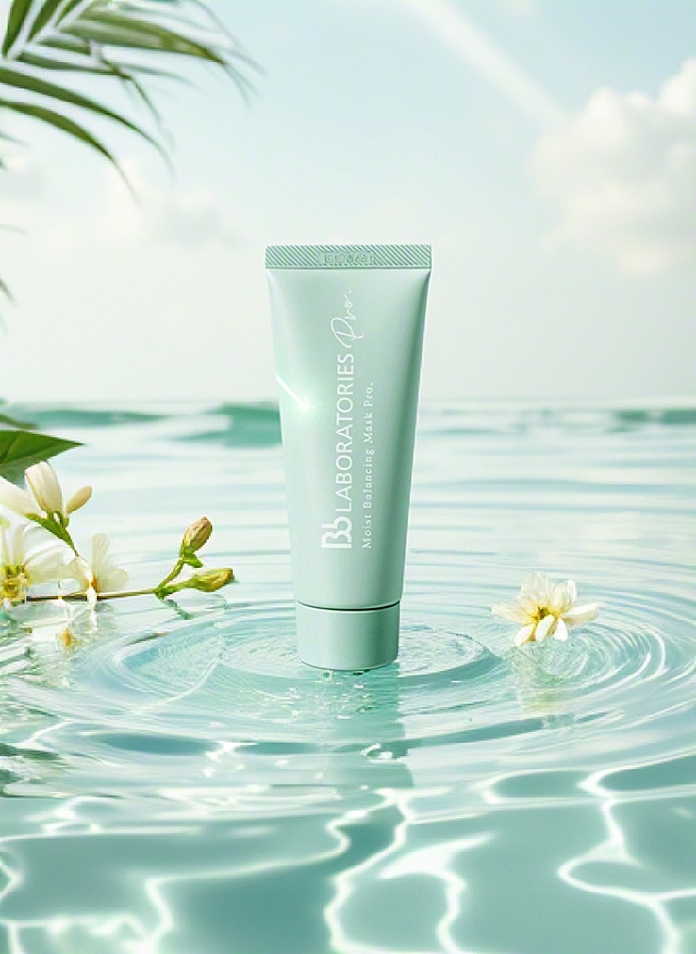 产品躺在波光粼粼的水面上，整体画面充满清凉水润感，极简夏日美学