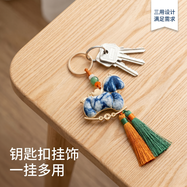 [主图 6] 钥匙扣搭配展示；
[氛围风格] 日常实用，简约清新；
[画质] 商业摄影质感、光线柔和通透、产品清晰真实、画面干净高级。
[元素] 短款扎染小马挂饰搭配钥匙串放置原木桌面，展示钥匙扣使用预览效果
