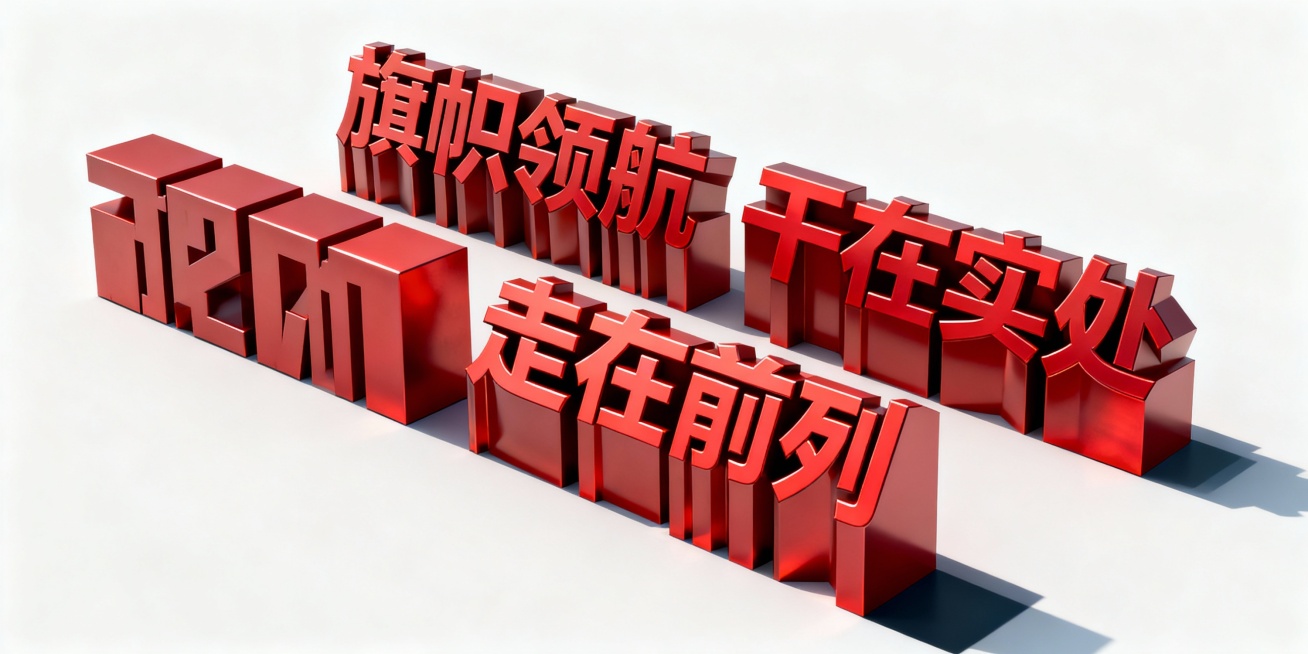 一排俯视视角的红色落地立体字，文字内容为“旗帜领航  干在实处  走在前列”，金属红色质感，字体粗壮有力，具有明显的立体厚度，从俯视角度能看到文字顶部平面和侧面，底部有深色投影增强立体感，背景为纯白色预览效果