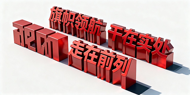 一排俯视视角的红色落地立体字，文字内容为“旗帜领航  干在实处  走在前列”，金属红色质感，字体粗壮有力，具有明显的立体厚度，从俯视角度能看到文字顶部平面和侧面，底部有深色投影增强立体感，背景为纯白色