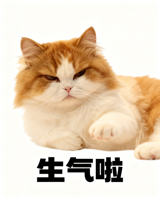给图中的布偶小猫搭配可爱搞怪动作：皱眉眯眼脸色不悦，白色纯色背景，下方配黑色粗体文字“生气啦”，风格和参考的橘猫上班表情包一致预览效果