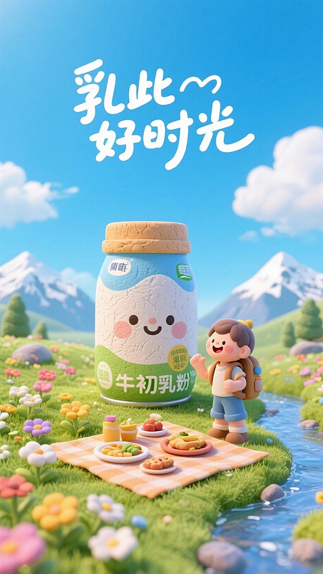 画面居中一罐牛初乳奶粉，手写艺术标题字体“乳此好时光”，蓝天白云，开满各色的鲜花，草地，小溪，雪山，人物背包，笑容满面，赏景的，地上有野餐布与食物，画面整体明亮清新，充满童话风格，阳光明媚