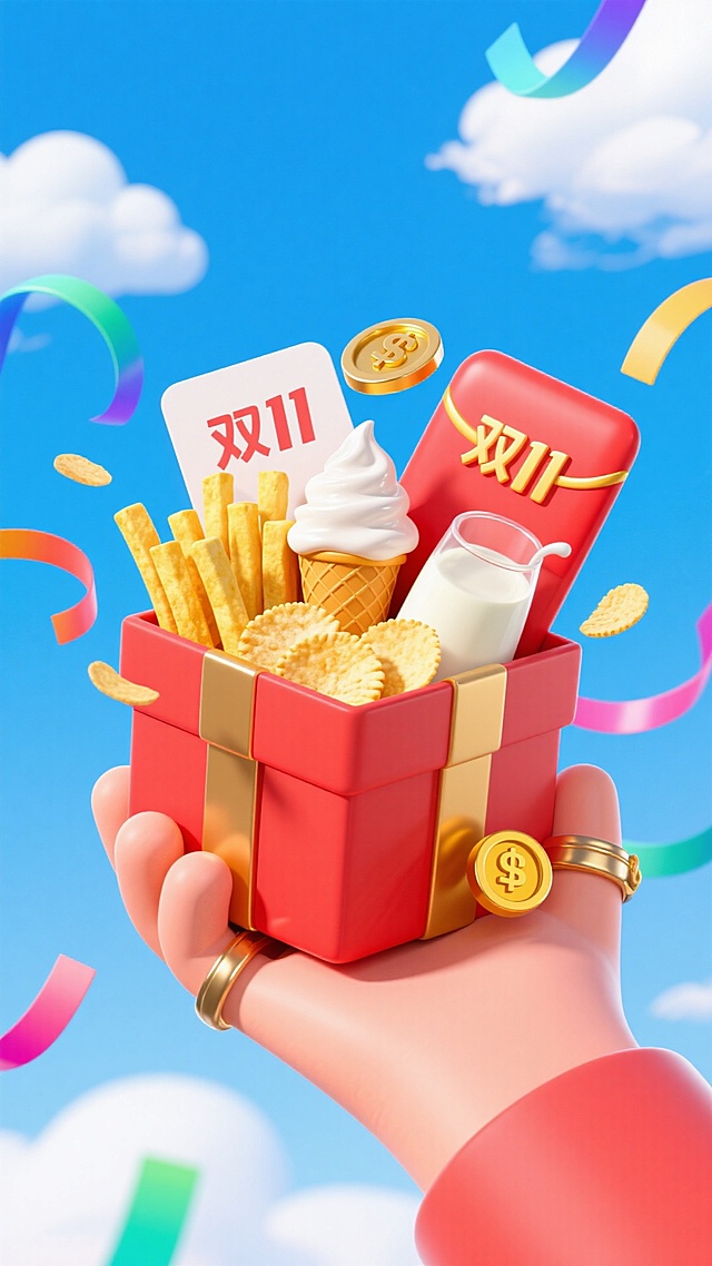 画面中心是一只托着红色礼盒的手（手部细节：带着金币戒指。礼盒细节：内部放着薯条、冰淇淋、薯片、牛奶、红包、写着“双11”的卡片）。蓝天白云，周围飘着彩带。画面重心偏下，平视