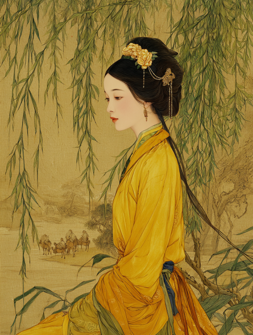 真人写实风格：“五代偏梳朵子髻变体，延续盛唐朵子髻结构（左侧梳偏，顶部堆朵子），但朵子插鲜花形饰品（绢花牡丹，花瓣带露珠）+柳枝编饰（细柳条缠绕发髻）；发丝间夹杂几缕真实柳枝（带绿叶）；身着土黄色窄袖预览效果