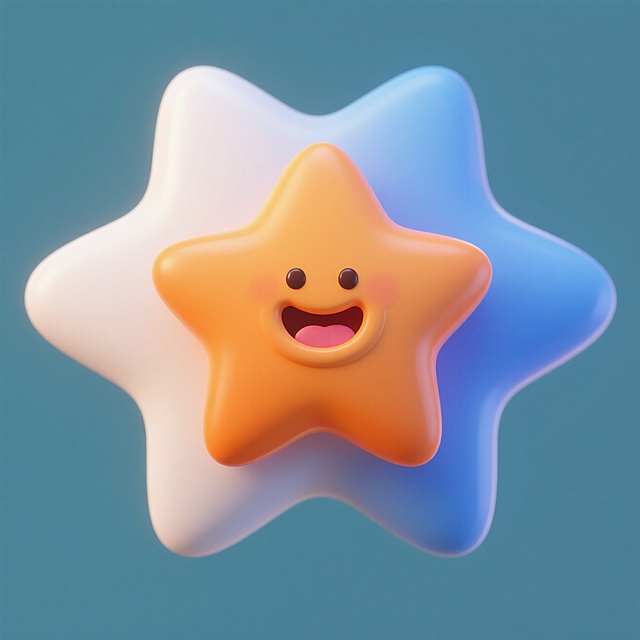3D风可爱星星，拟人化笑脸设计，色彩渐变背景，童趣十足。