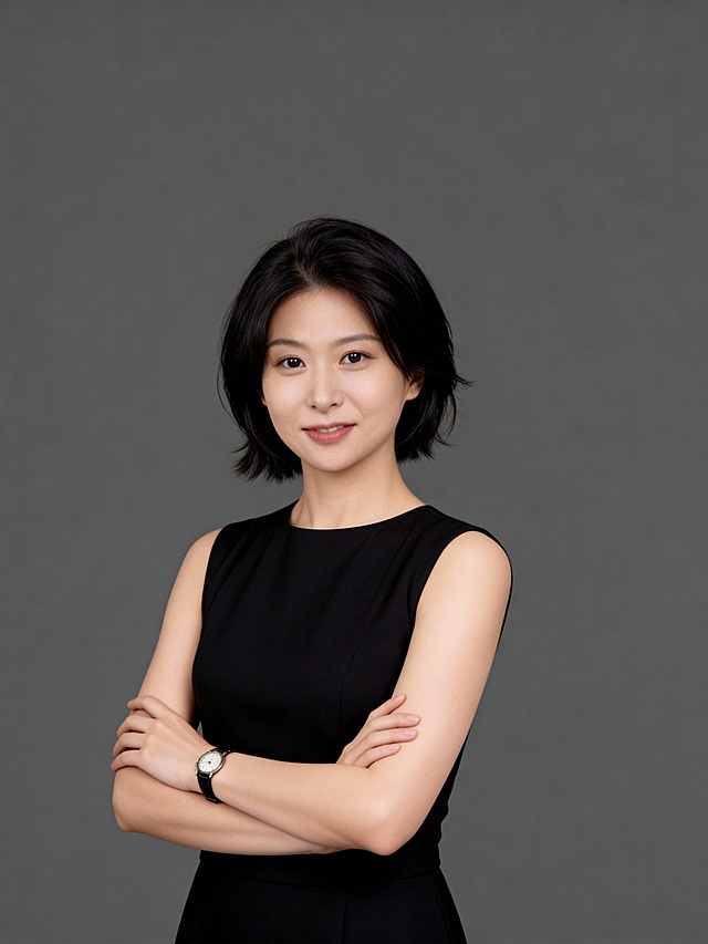 参考第一张图保留人物脸型､年龄等特征生成职场形象照,参考第二张图人物占位和比例,标准焦段50mm,F/4光圈(F/2.8-F/4区间),平视视角(镜头与人物视线齐平);人物占画面70%,人物居中(居中构图),位于画面中心,为视觉聚焦点,入境范围头部及以下至臀部下方10cm(半身像);左右留少量背景空间;头部与画面顶部保留5%空间;头部发型完整;肤质白皙细腻,头肩比例协调,美颜磨皮韩式精致自然的浓妆