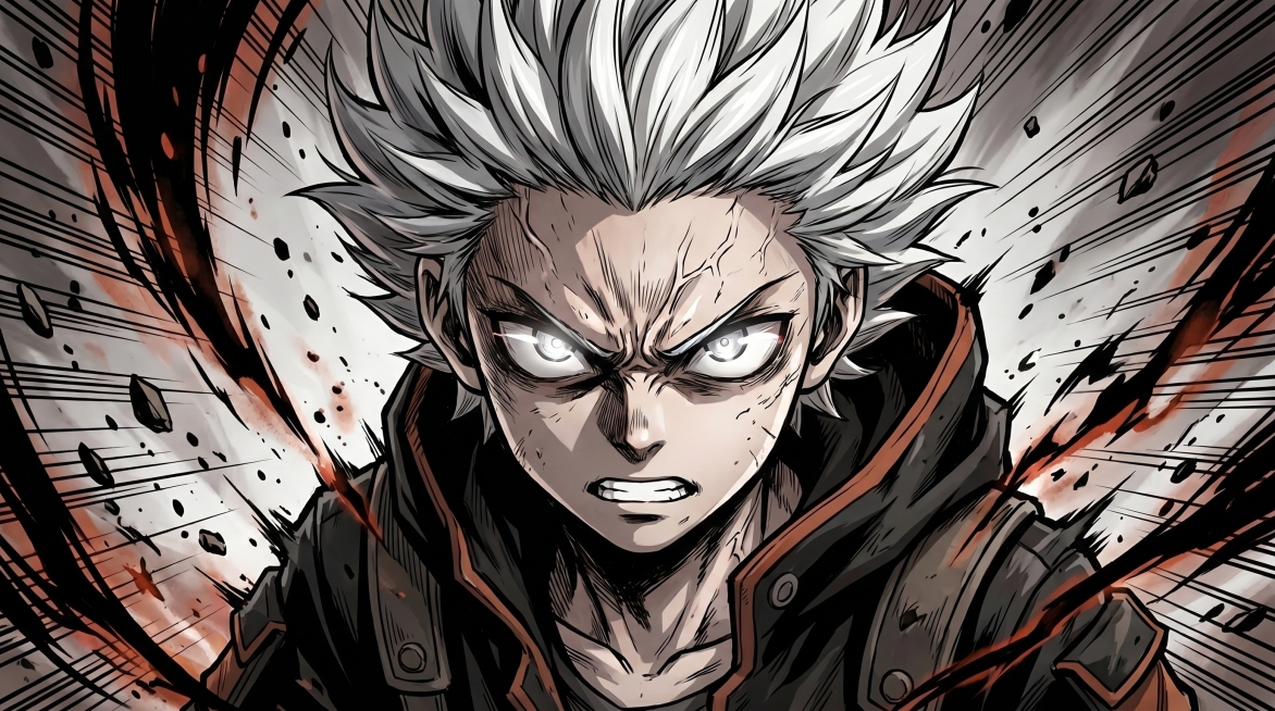 Close-up portrait of 10-year-old Ash in intense shonen awakening moment, short white hair flying upw预览效果