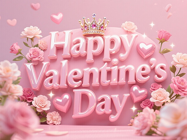 "七夕情人节快乐”3D英文大字，鲜花爱心皇冠装饰，粉嫩