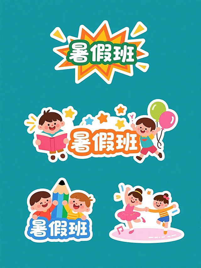 4个规整排布的卡通教育培训招生图标，纯色背景无水印，“暑假班”文案醒目，造型分别为：一是带着爆炸形装饰和卡通儿童举着书本的暑假班图标；二是有小星星、气球点缀且有可爱卡通儿童跳跃的暑假班图标；三是搭配彩色铅笔元素和微笑卡通儿童的暑假班图标；四是含舞蹈班相关元素（但核心是暑假班）且有欢快卡通儿童的暑假班图标，整体色彩鲜艳明快，构图紧凑饱满