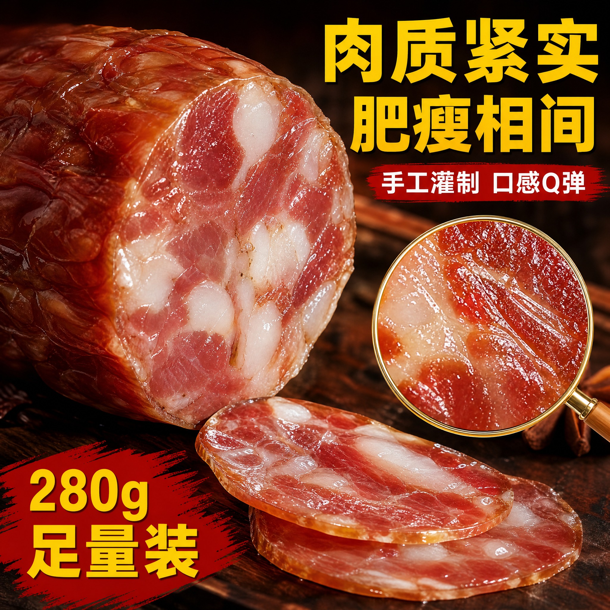 [主图-3] 细节微距图，主题为肉质紧实切面展示，突出香肚腊肠… - 图片创意预览